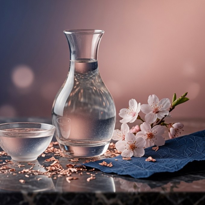 Glass carafe of sake with cherry blossom on dark marble